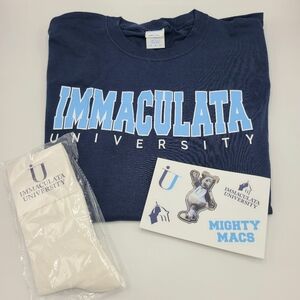 Immaculata University Navy Blue T-shirt Tee White Socks Mighty Macs Stickers Lot